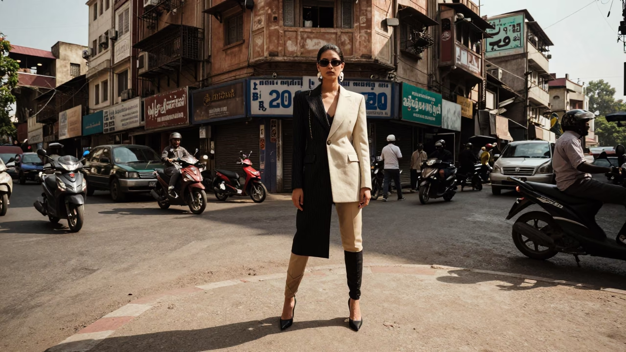 High Fashion Street Style in Delhi Early Afternoon with Vintage Accessories and Urban Background in in Delhi, India