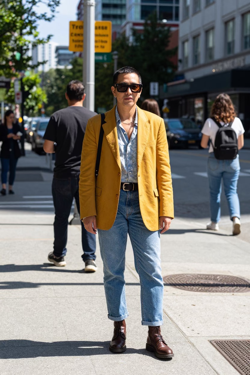 High Fashion Street Style in Downtown Vancouver Under Flat Noon Light with Avocados in in Vancouver, British Columbia, Canada