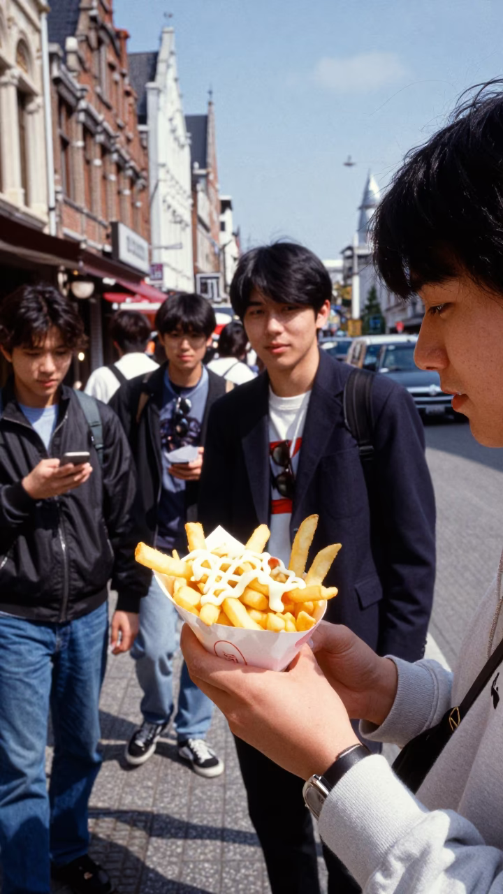 High Fashion Street Style in Fukuoka Japan Midday Sunlight with Belgian Frites and Mayonnaise in in Fukuoka, Japan