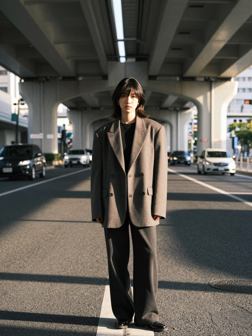High Fashion Street Style in Fukuoka Under Overpass Shadows Early Afternoon in in Fukuoka, Japan
