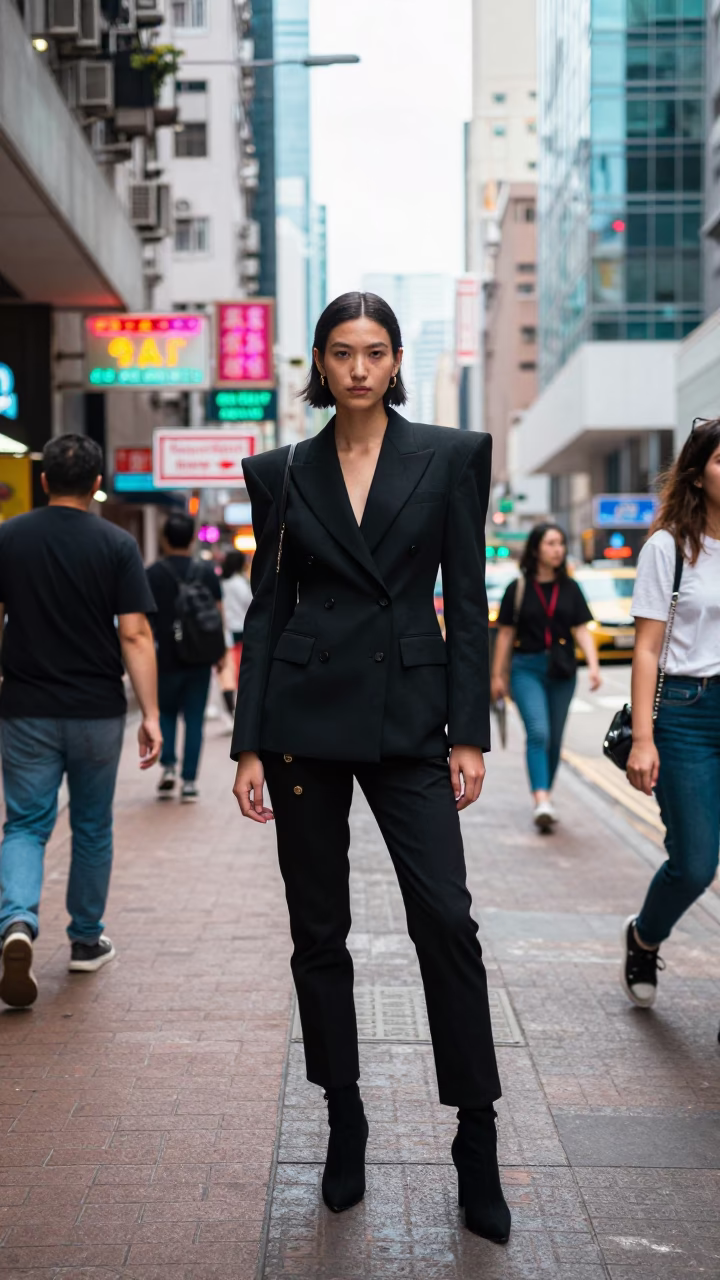 High Fashion Street Style in Hong Kong Midday Neon and Glass Reflections in in Hong Kong, Hong Kong