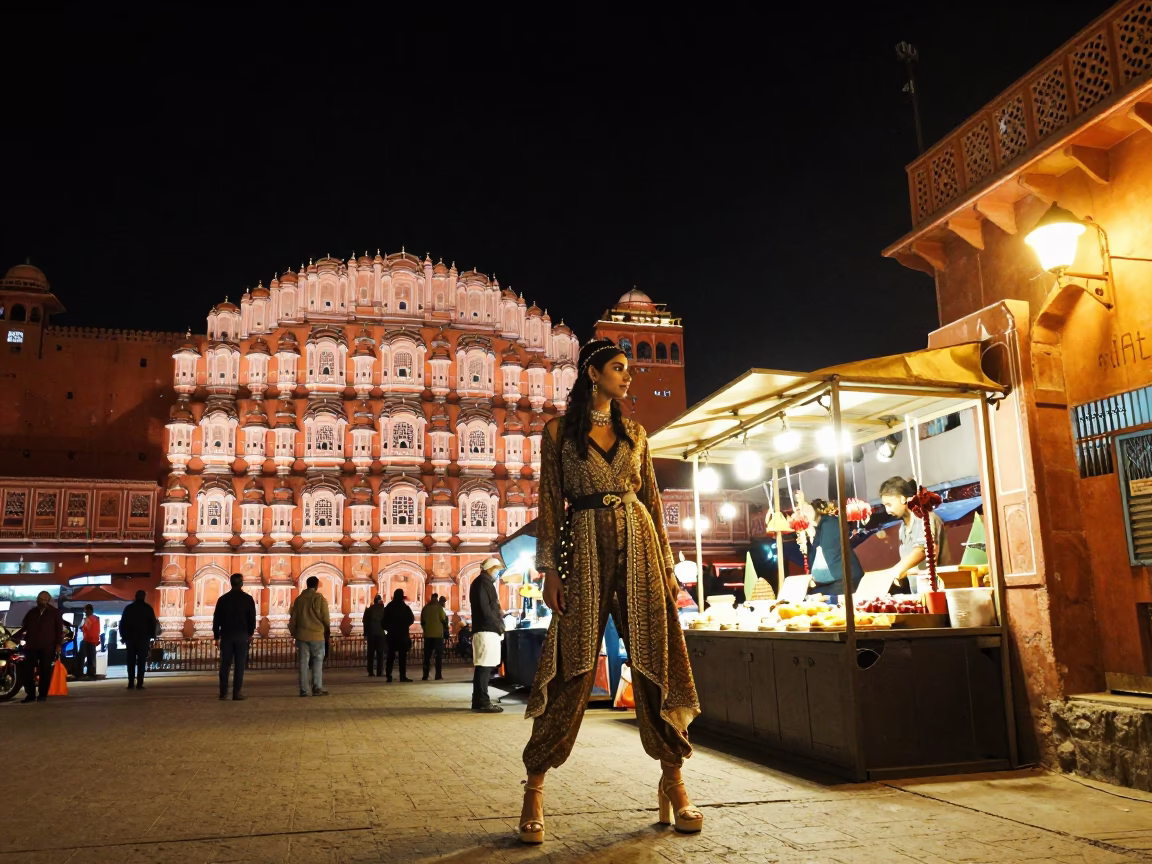 High Fashion Street Style in Jaipur Under Deepest Night Sky in in Jaipur, India