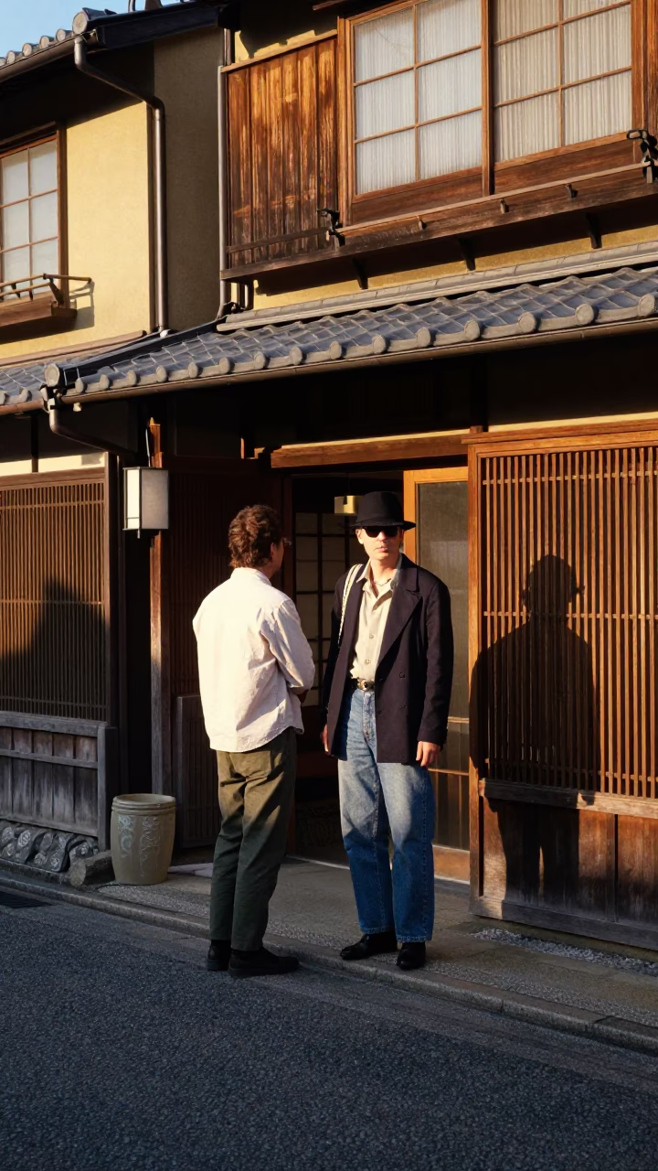 High Fashion Street Style in Kyoto Late Afternoon Light with Suitcases and Urban Detail in in Kyoto, Japan