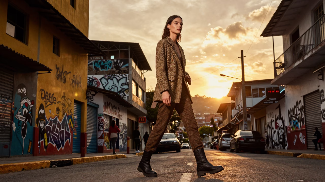 High Fashion Street Style in Medellin Colombia During Golden Hour Sunset in in Medellin, Colombia