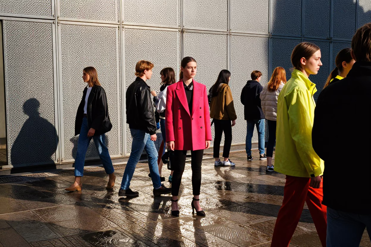 High Fashion Street Style in Milan Italy Early Afternoon Perforated Metal Overpass in in Milan, Italy