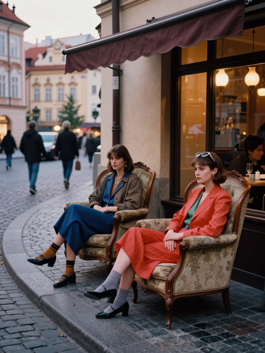 High Fashion Street Style in Prague Early Evening with Armchairs and Saucers in in Prague, Czech Republic