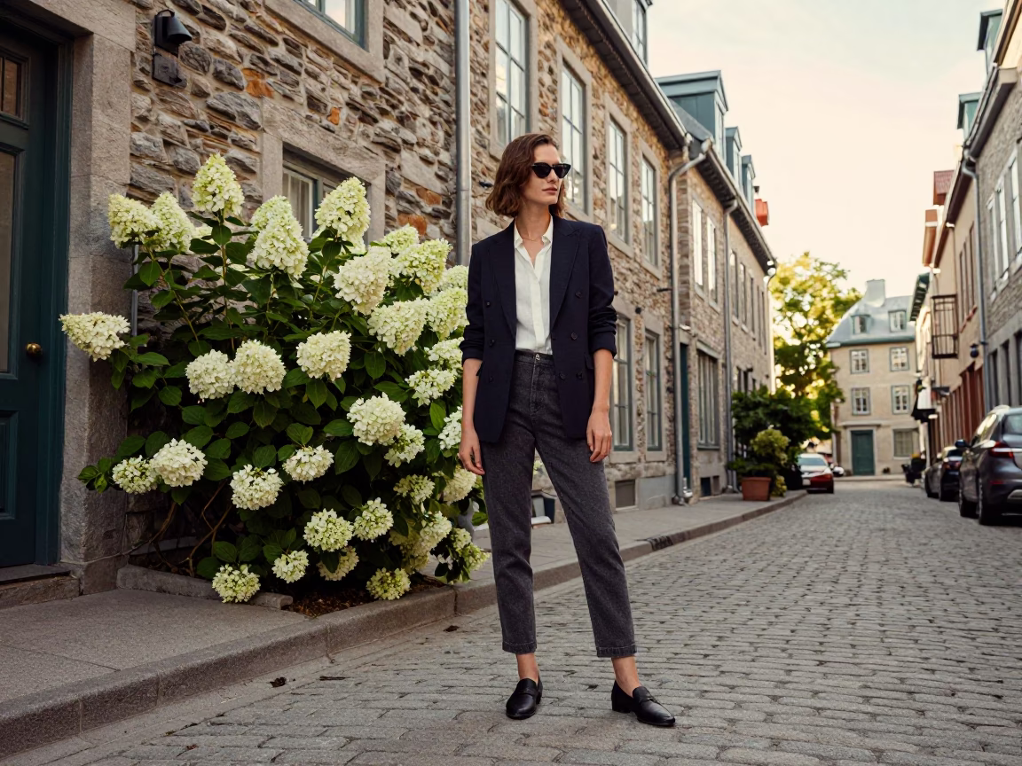 High Fashion Street Style in Quebec City Early Afternoon with Hydrangea Bush in in Quebec City, Quebec, Canada