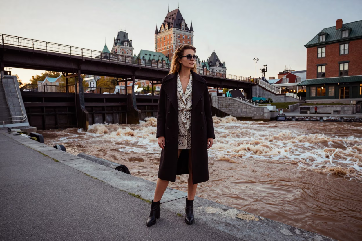 High Fashion Street Style in Quebec City Early Evening Art Deco Facade in in Quebec City, Quebec, Canada