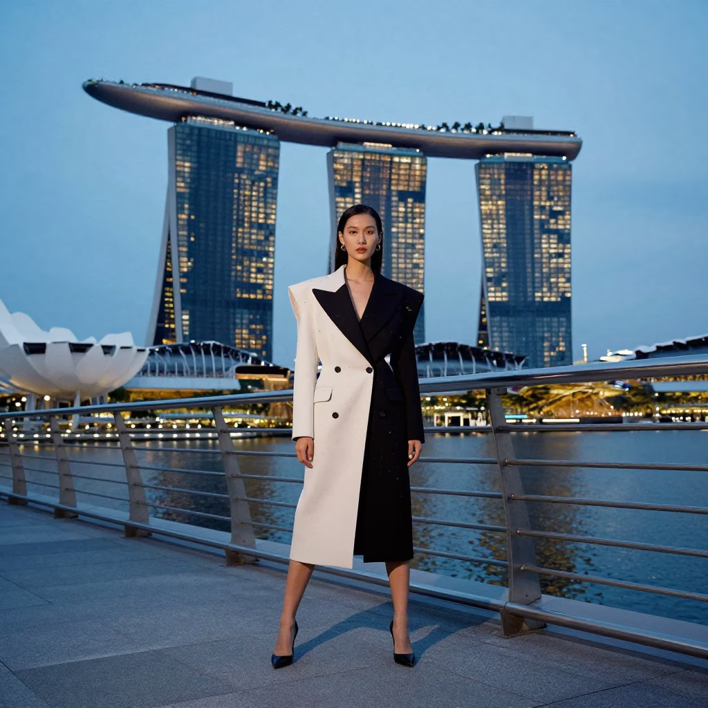High Fashion Street Style Portrait at Marina Bay Sands During Blue Hour in Singapore in in Singapore, Singapore