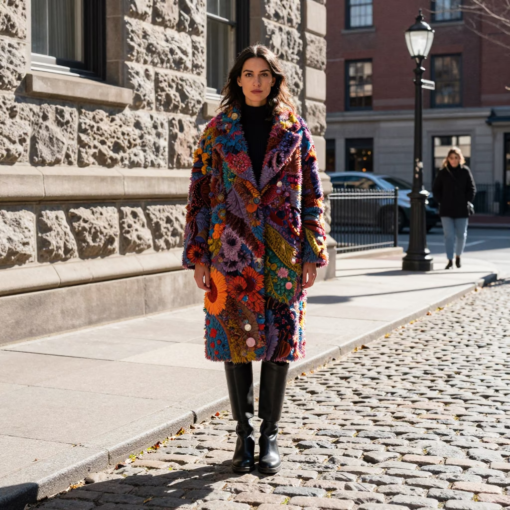 High Fashion Street Style Portrait in Bright Midmorning Boston Massachusetts Urban Light in in Boston, Massachusetts, United States