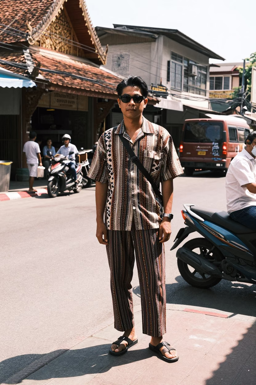 High Fashion Street Style Portrait in Chiang Mai Thailand Midday Urban Scene in in Chiang Mai, Thailand