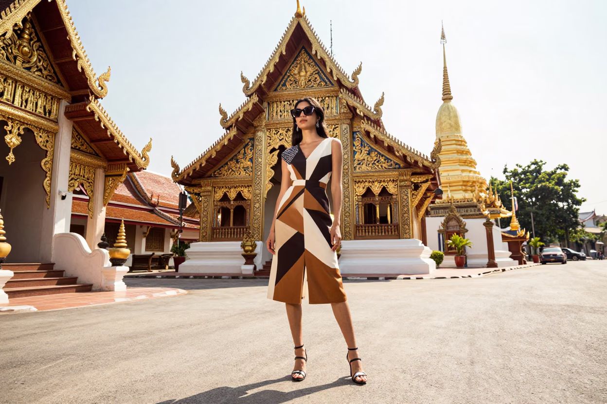 High Fashion Street Style Portrait in Chiang Mai Thailand Midmorning Light in in Chiang Mai, Thailand