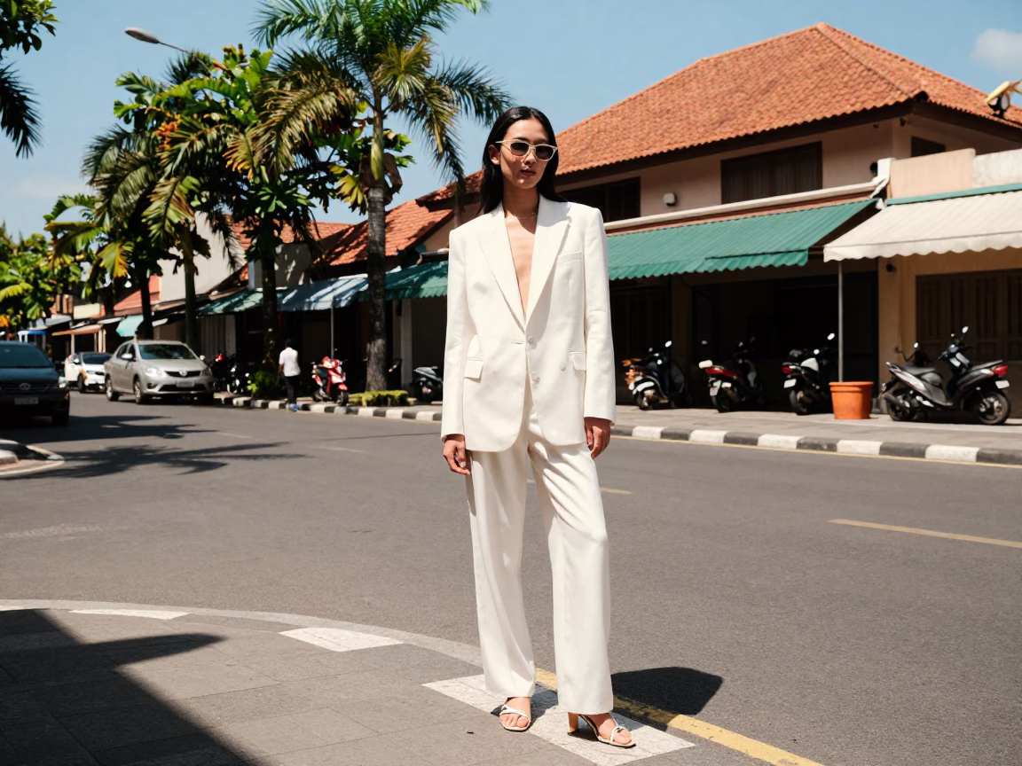 High Fashion Street Style Portrait in Denpasar Bali Midday Sunlight in in Denpasar, Indonesia