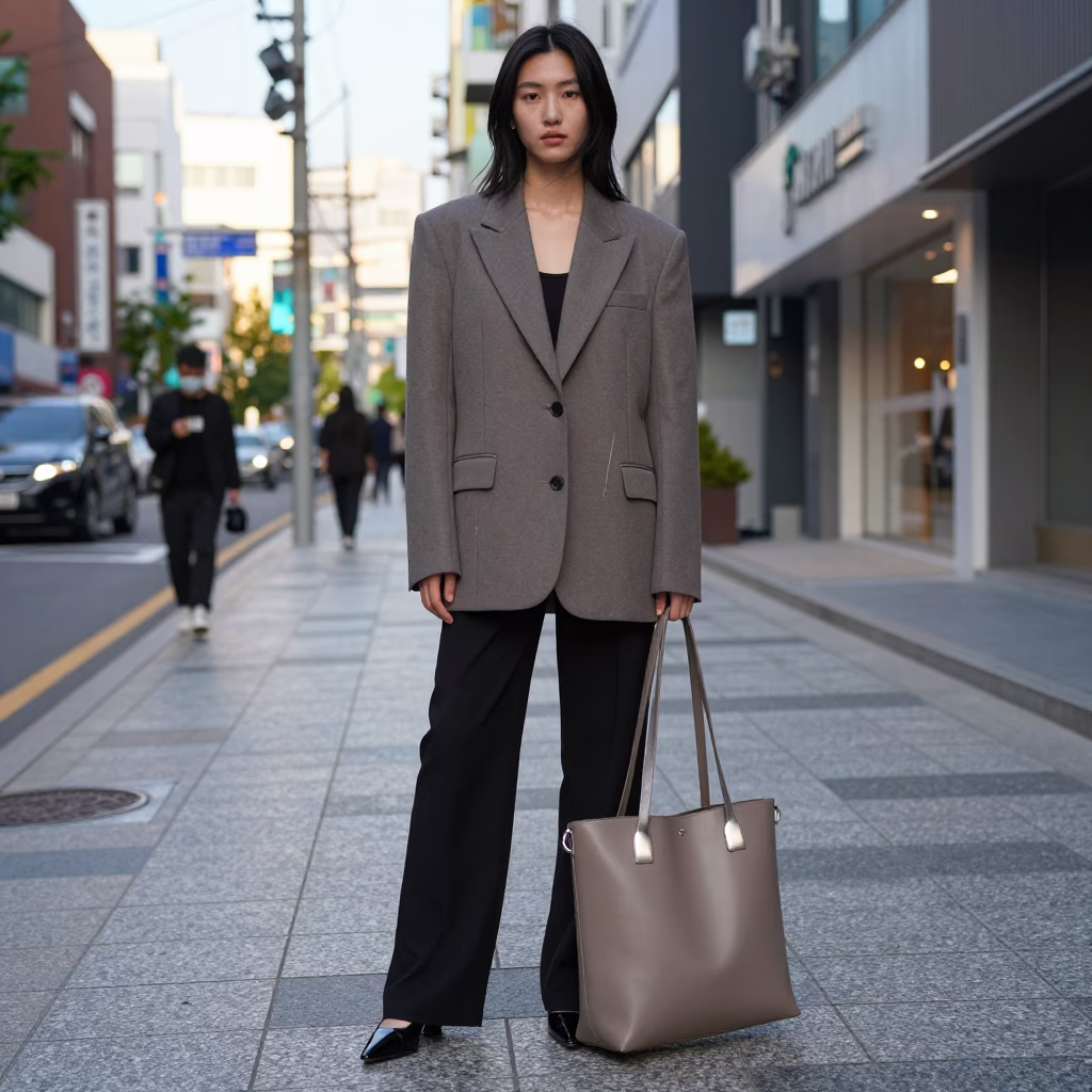 High Fashion Street Style Portrait in Gangnam Seoul Early Afternoon Light in in Seoul, South Korea