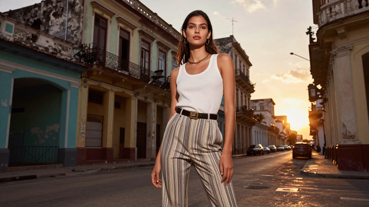 High Fashion Street Style Portrait in Havana Cuba at Sunset with Vintage Props in in Havana, Cuba