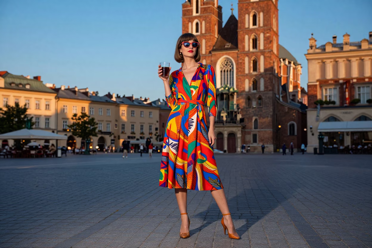 High Fashion Street Style Portrait in Krakow Poland Blue Hour Main Square in in Krakow, Poland