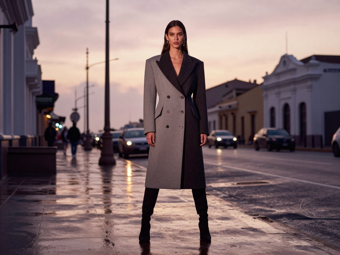 High Fashion Street Style Portrait in Lima Peru at Nautical Dawn with Urban Textures in in Lima, Peru