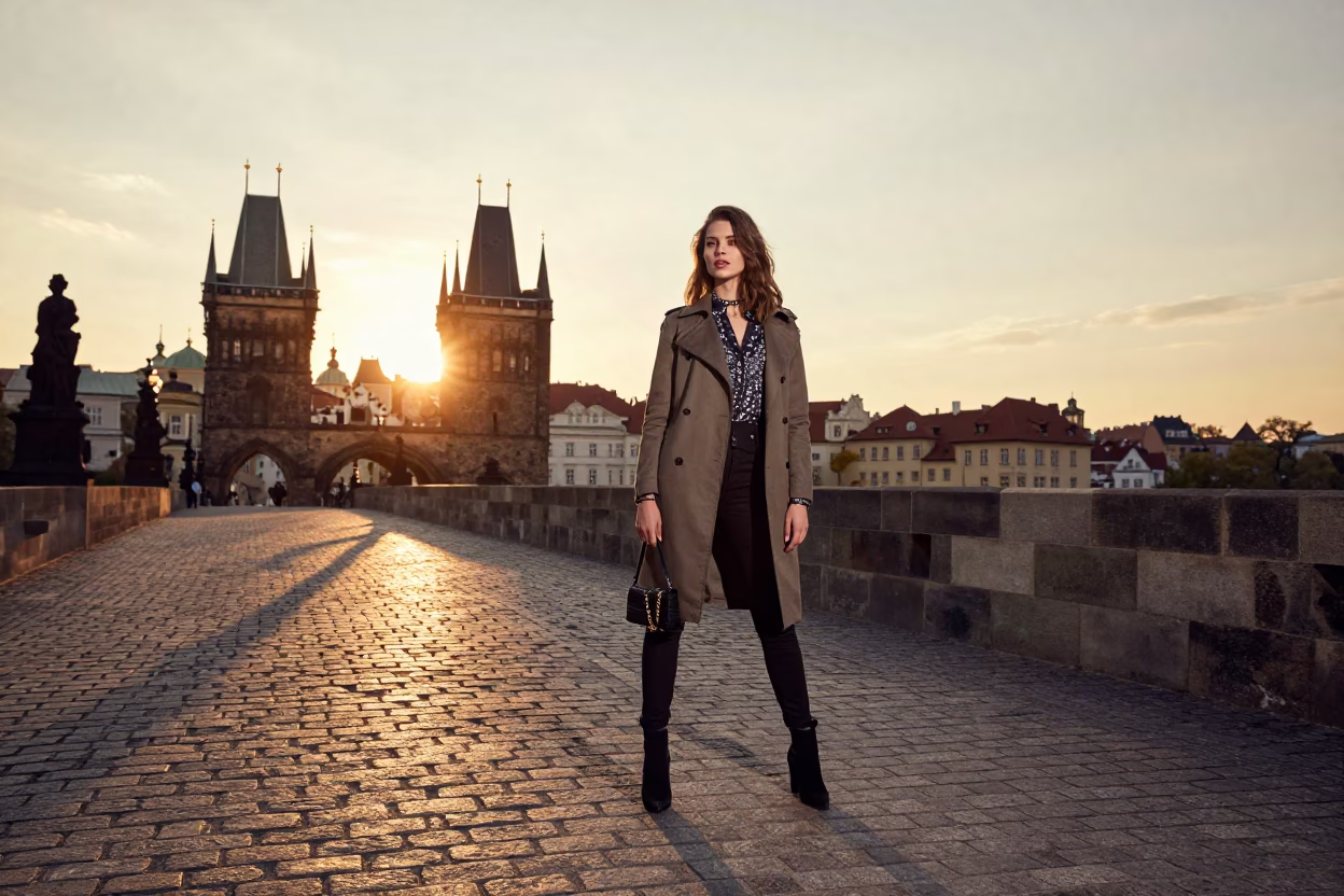 High Fashion Street Style Portrait in Prague at Sunset with Glass Reflections in in Prague, Czech Republic