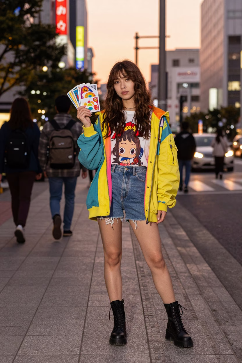 High Fashion Street Style Portrait in Tokyo Before Dusk with Colorful Details in in Tokyo, Japan