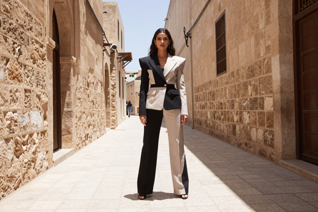 High Fashion Street Style Portrait in Tunis Medina Noon Light with Spice Jar in in Tunis, Tunisia