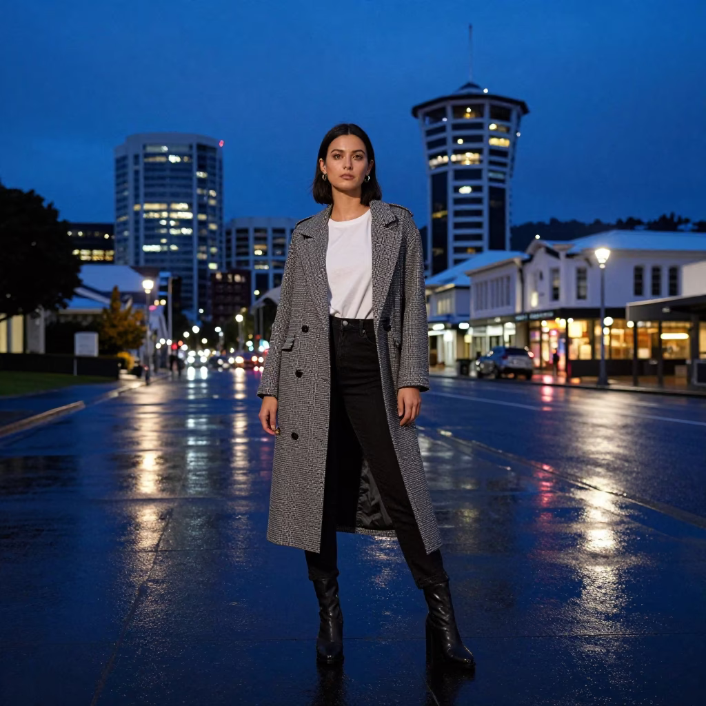 High Fashion Street Style Portrait in Wellington Indigo Twilight Near Railway Viaduct in in Wellington, New Zealand