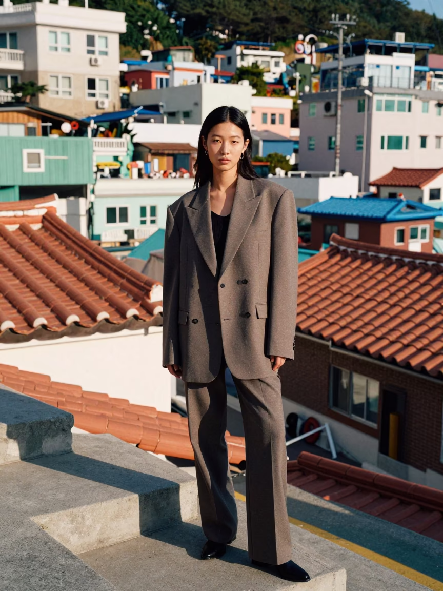 High Fashion Street Style Portrait of Model in Busan Korea Early Afternoon Urban Scene in in Busan, South Korea
