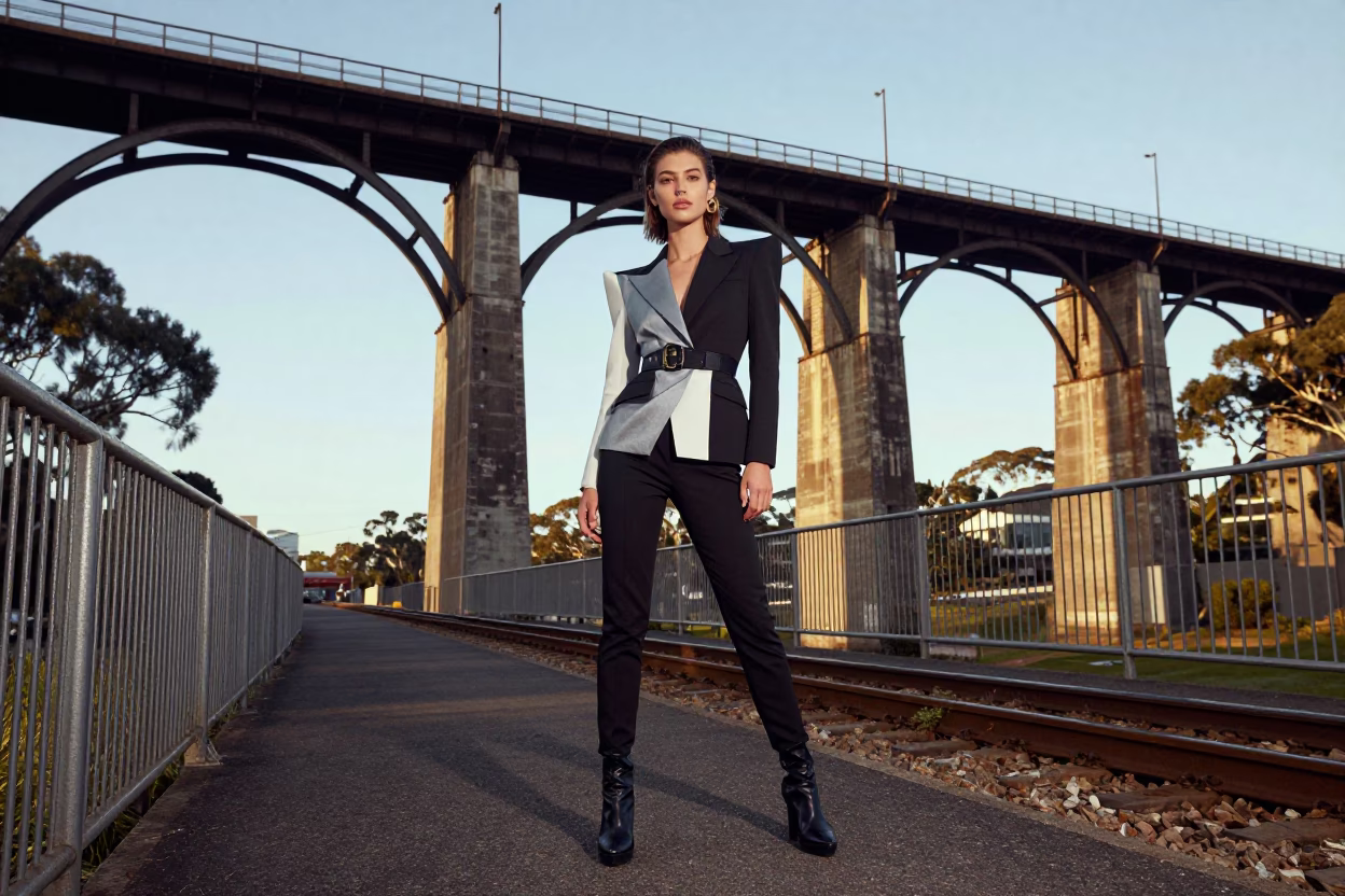 High Fashion Street Style Portrait on Perth Railway Viaduct Walkway with Arched Bridge Background in in Perth, Western Australia, Australia