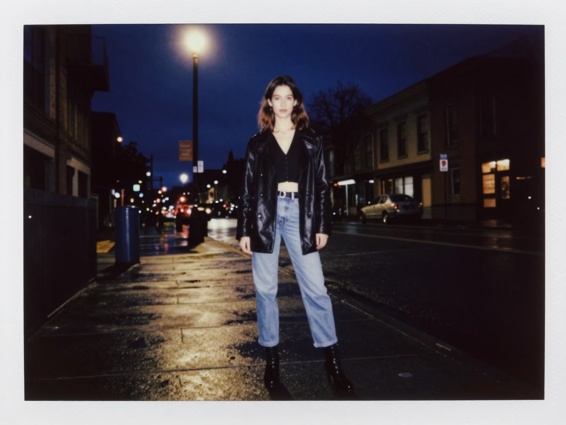 High Fashion Street Style Portrait Under Deep Night Sky in Portland Oregon in in Portland, Oregon, United States