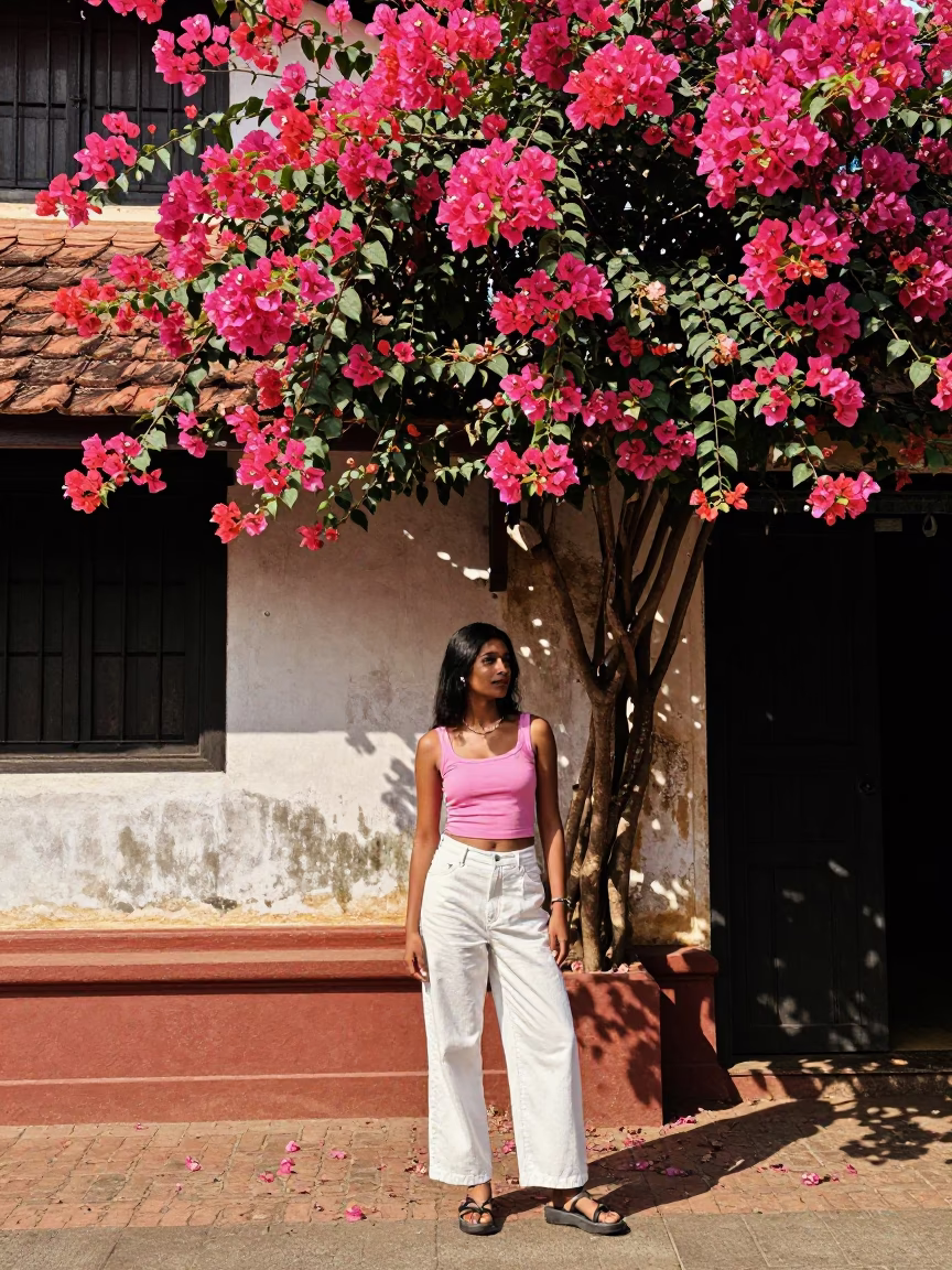 High Fashion Street Style Portrait with Bougainvillea in Kochi India Midday Sunlight in in Kochi, India