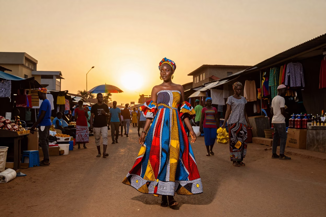 High Fashion Sunset Portrait in Accra Ghana with Local Market Details in in Accra, Ghana