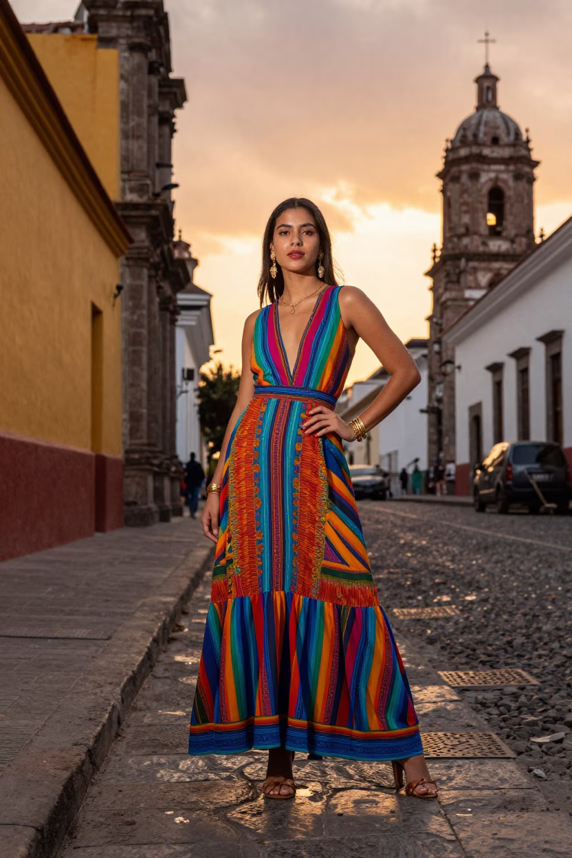High Fashion Sunset Portrait of Model in Colorful 1960s Quito Ecuador Street Scene in in Quito, Ecuador