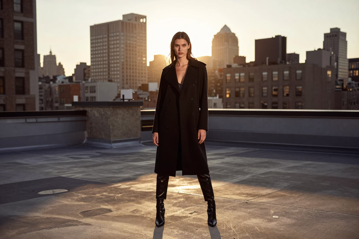 High Fashion Sunset Portrait on New York City Rooftop with Clipboard and Urban Skyline in in New York, New York, United States