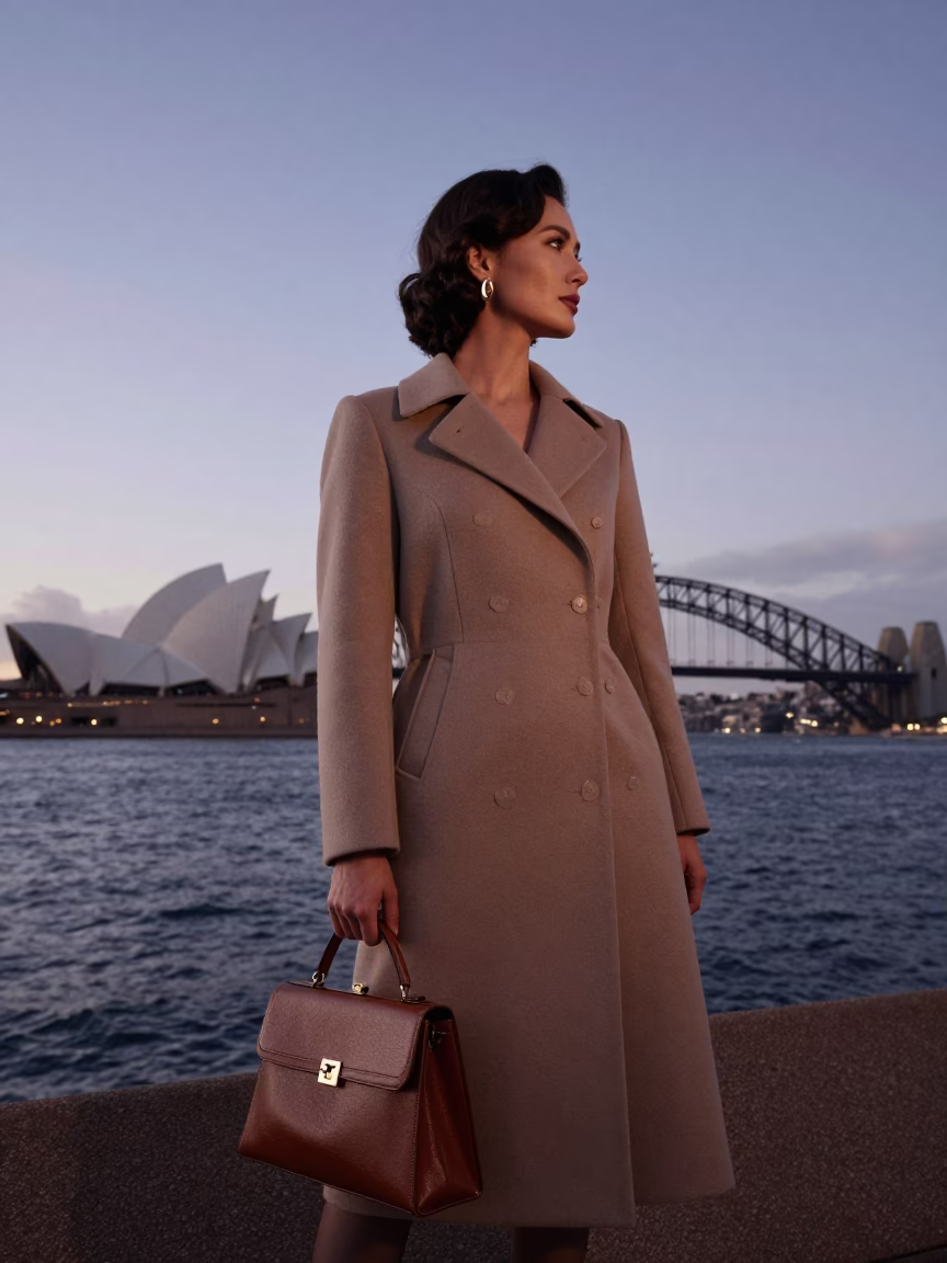 High Fashion Twilight Portrait of Elegant Woman in Sydney Harbour Bridge Backdrop in in Sydney, New South Wales, Australia