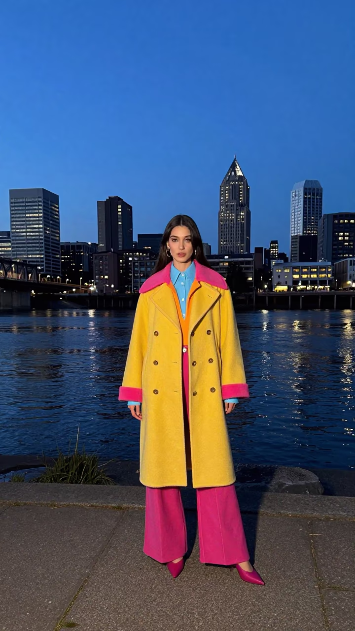 High Fashion Twilight Street Style in Portland Oregon with Vintage 1970s Aesthetic in in Portland, Oregon, United States