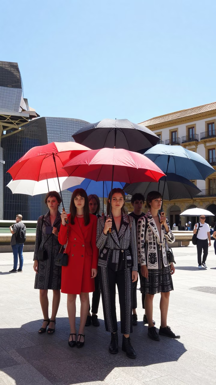 High Fashion Umbrella Cluster Under Flat Noon Glare in Bilbao Spain in in Bilbao, Spain
