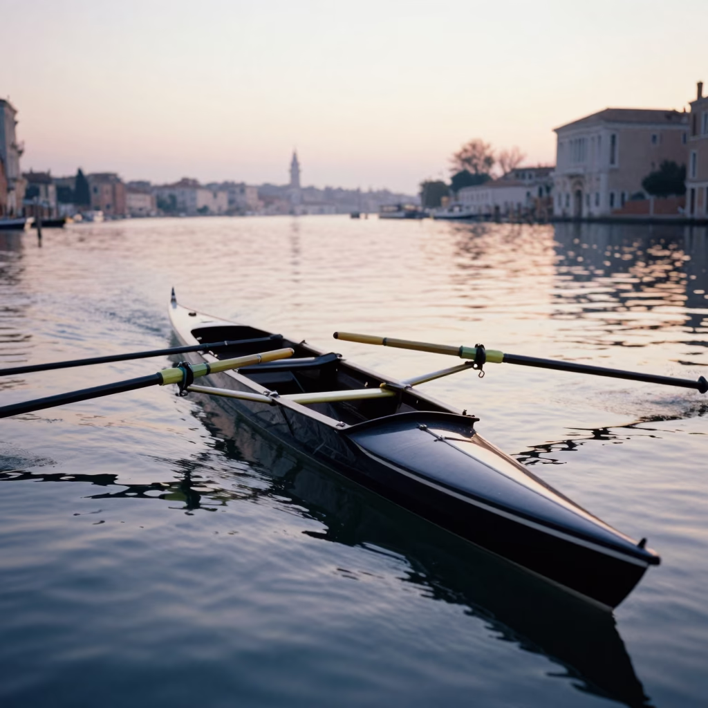 High Fashion Venice Nautical Dawn Rowing Shell and Canal Reflections in in Venice, Italy