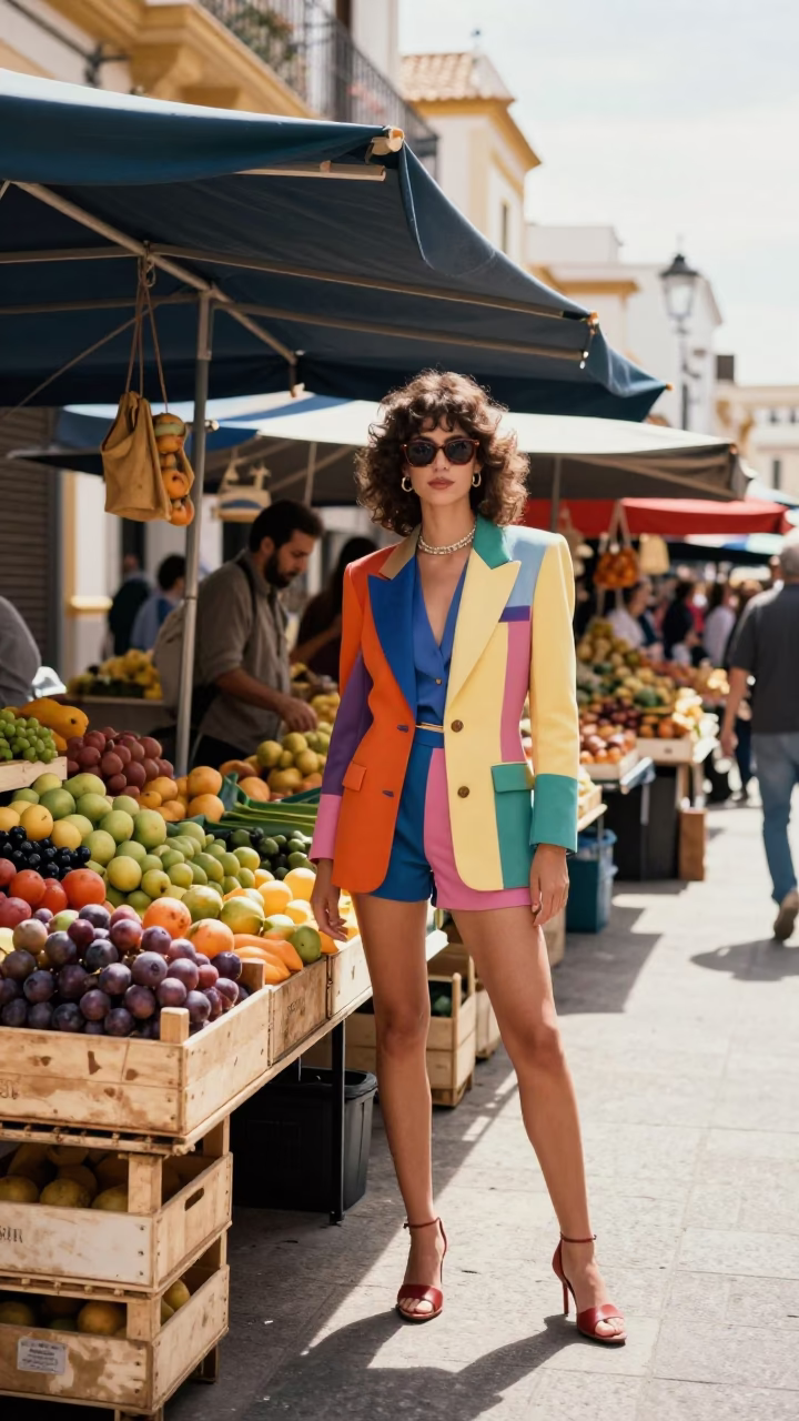 High Fashion Vibrant Midmorning Street Scene in Valencia Spain with Colorful Fruit Crates in in Valencia, Spain
