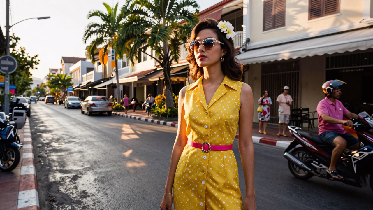 High Fashion Vintage 1960s Phuket Street Style with Frangipani Bloom and Sunrise Light in in Phuket, Thailand