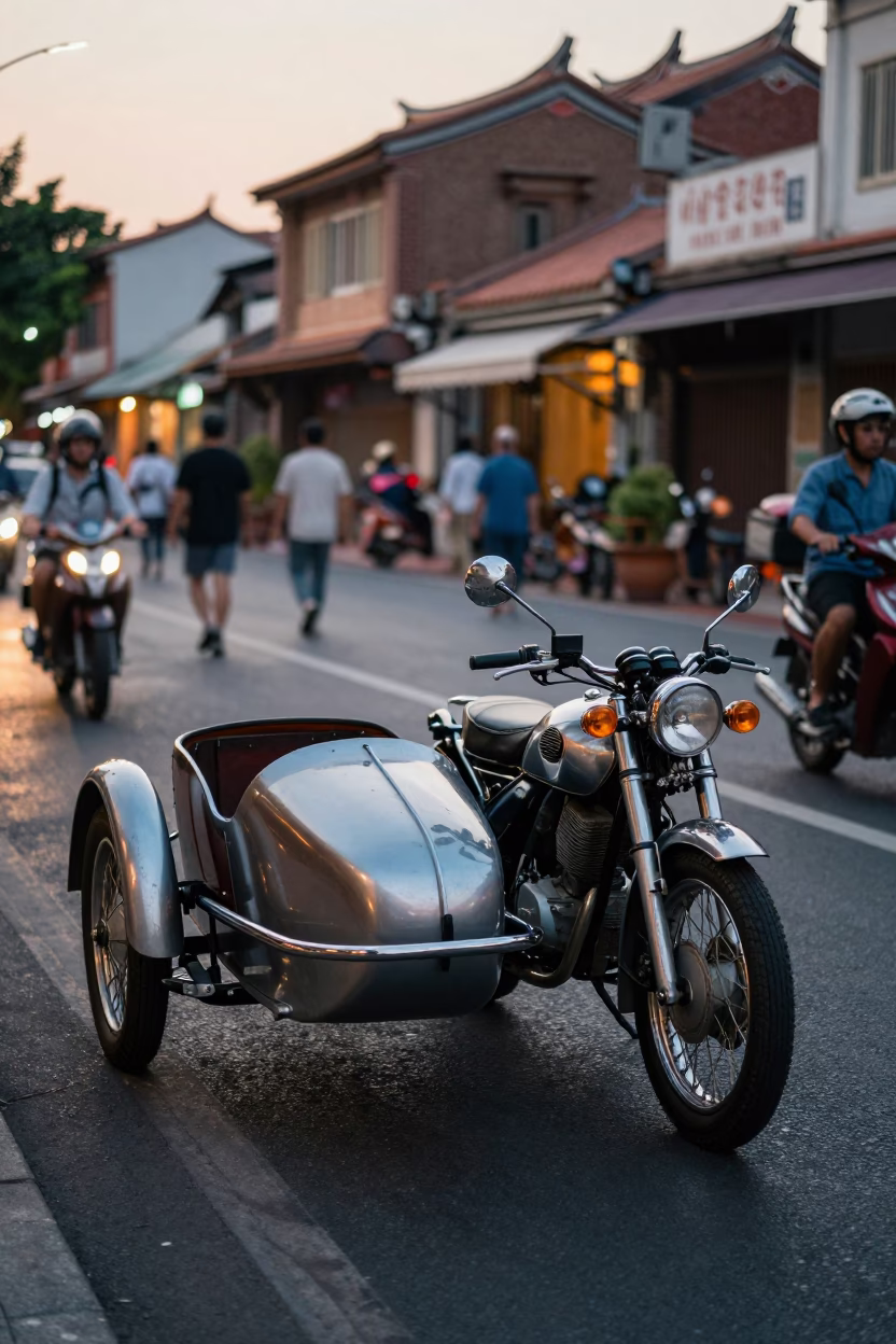 High Fashion Vintage Motorcycle Sidecar in Tainan Early Evening Street Scene in in Tainan, Taiwan