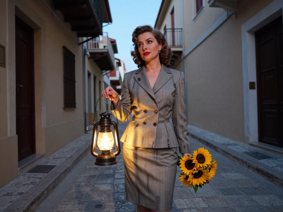 High Fashion Woman in 1950s Athens Evening Street with Lantern and Sunflowers in in Athens, Greece