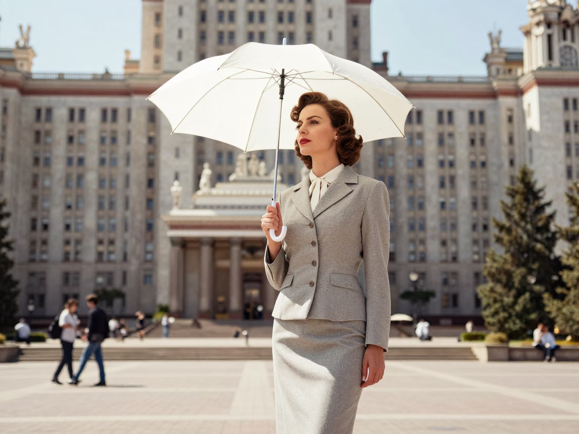 High Fashion Woman in 1950s Budapest Noon Light with Umbrellas and Fern in in Budapest, Hungary
