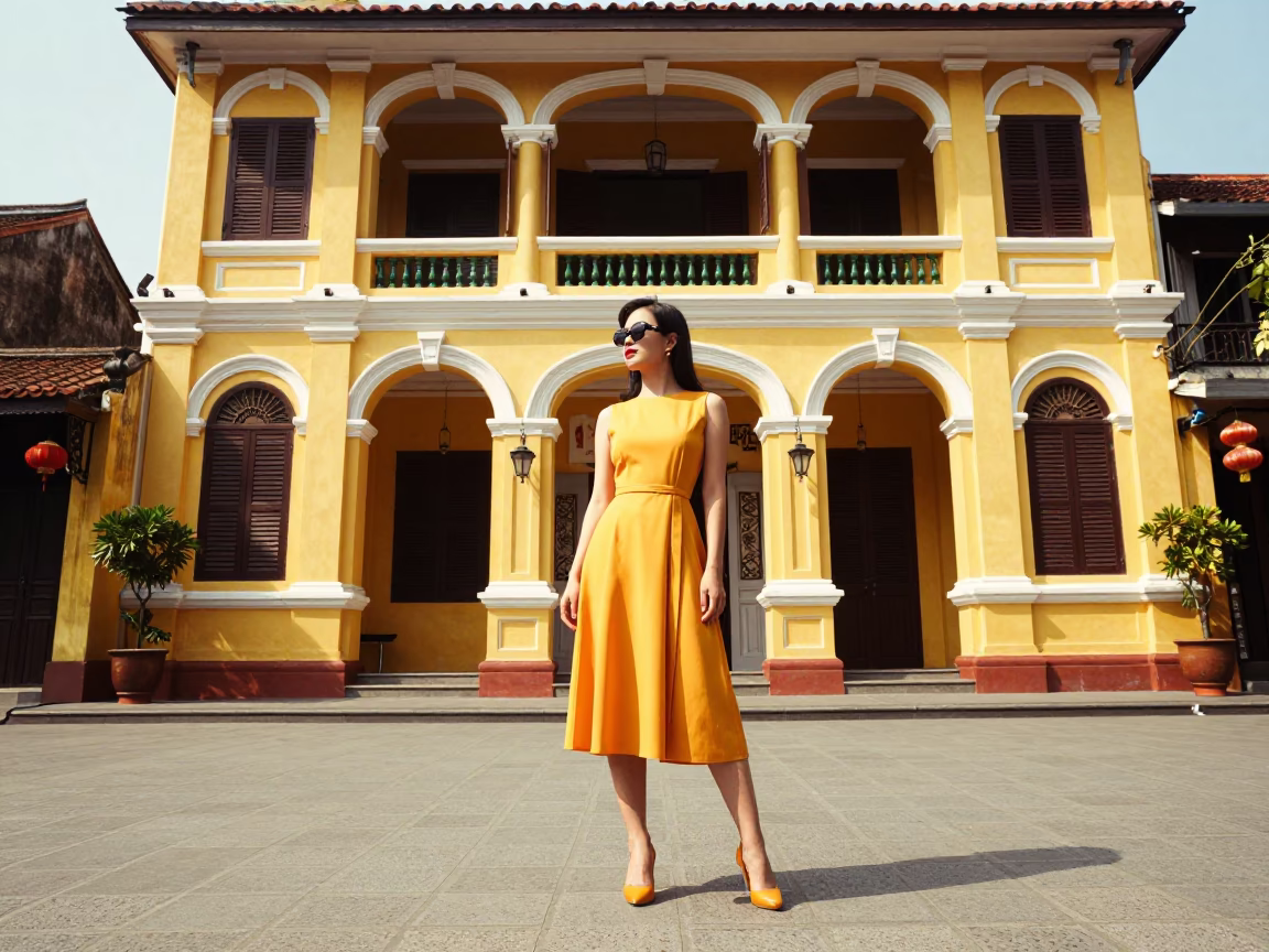 High Fashion Woman in 1950s Hoi An Street with Yellow Building and Chestnut Tree in in Hoi An, Vietnam