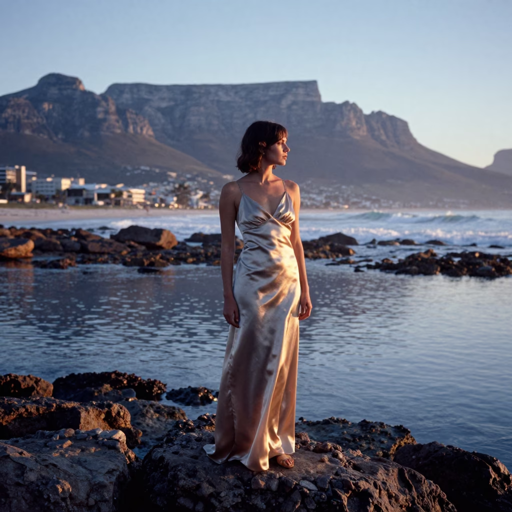 High Fashion Woman in Cape Town Before Sunrise Near Breakwater Tetrapods in in Cape Town, South Africa