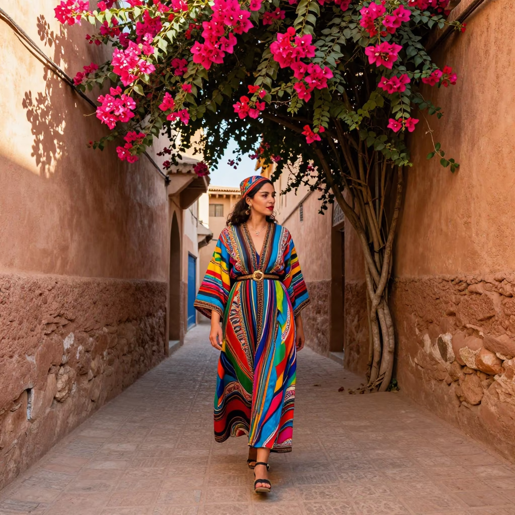 High Fashion Woman in Colorful Dress Walking Through Fez Morocco Medina with Bougainvillea in in Fez, Morocco