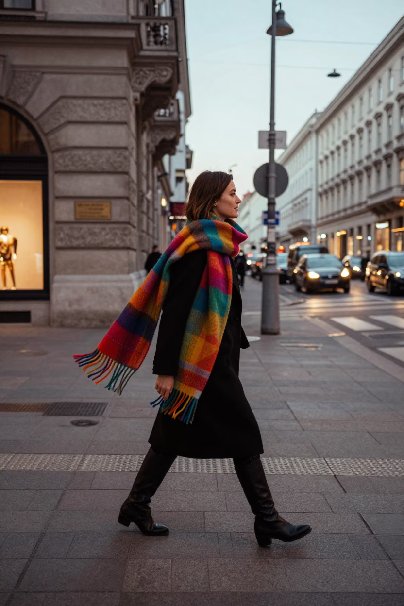 High Fashion Woman in Scarf Walking Past Hammered Metal Art in Vienna Early Evening in in Vienna, Austria