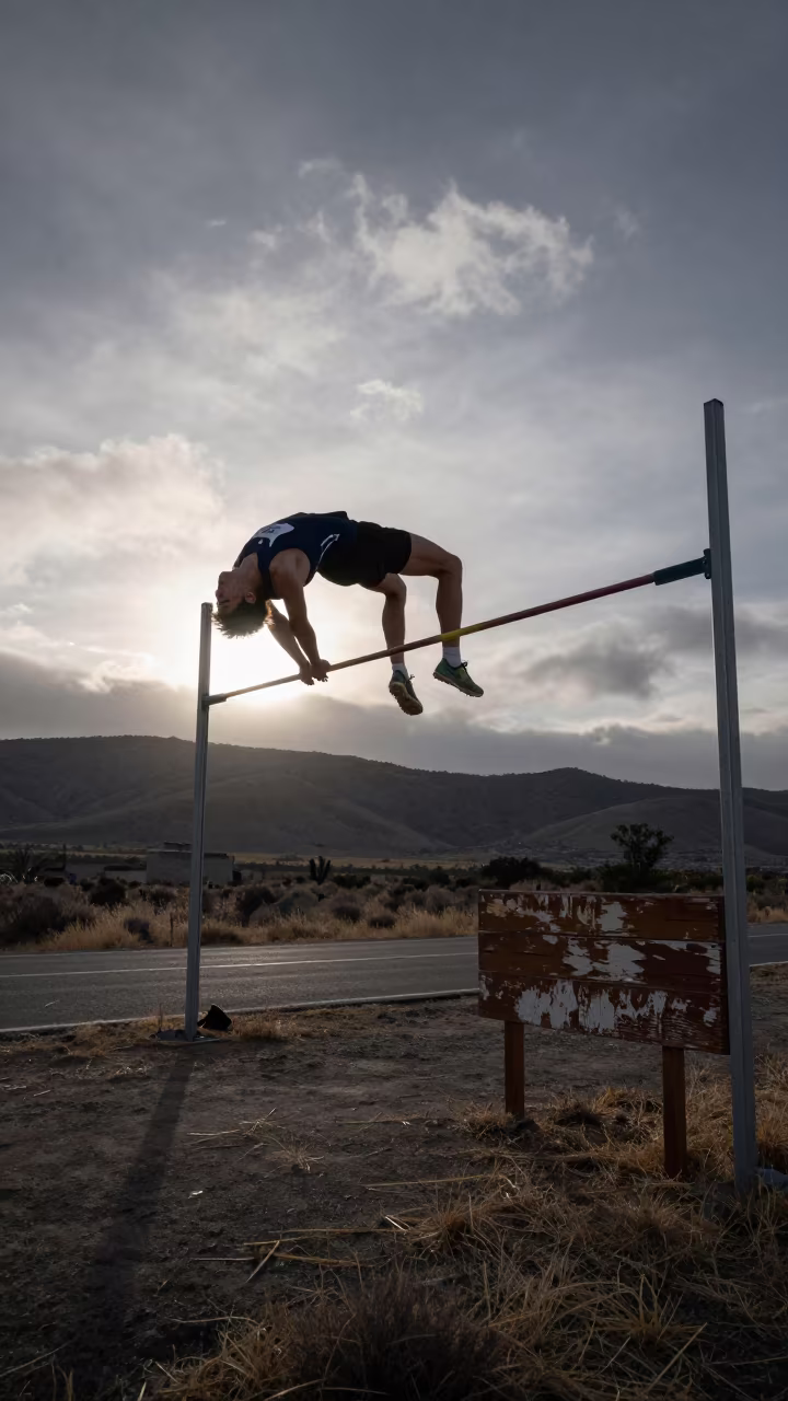 High Jumper Arching Over Bar at Dawn in at a roadside stop near Santiago