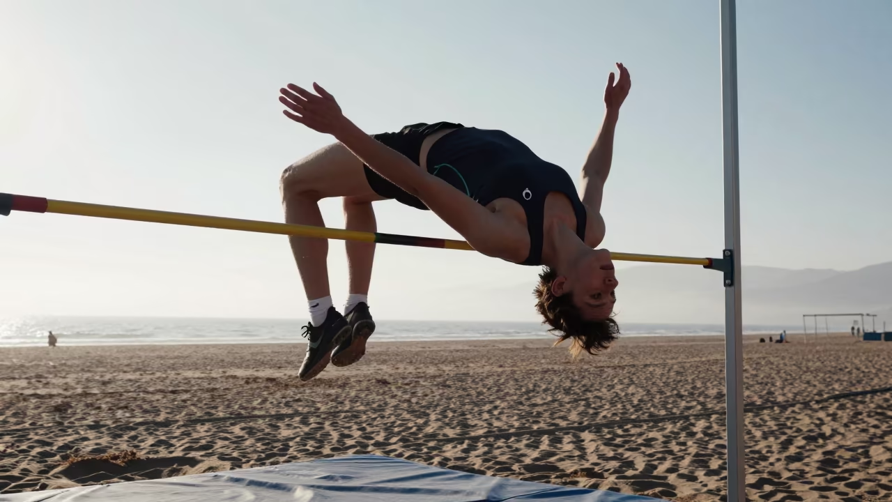High Jumper Arching Over Bar on Foggy Beach in along a beach near Kayseri