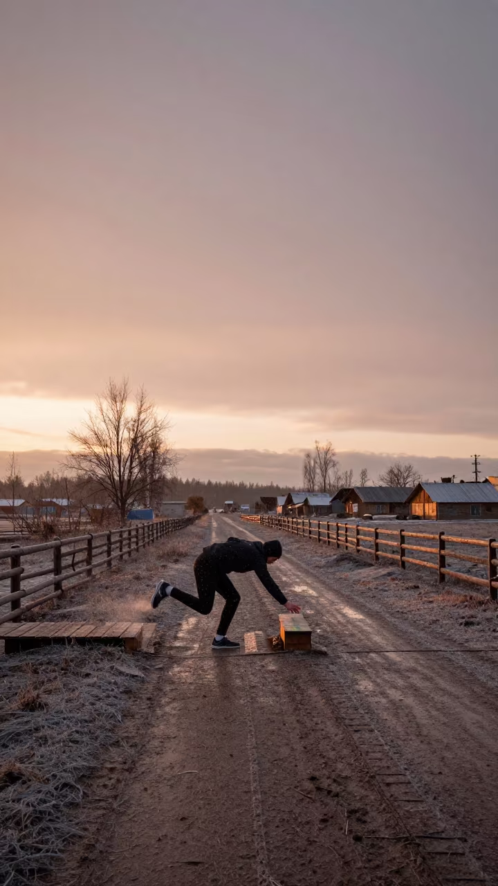 High Jumper in Copper Light Before Dusk in in a village lane near Yekaterinburg