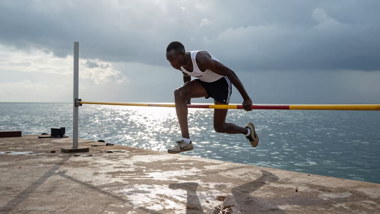 High Jumper Planting Foot at Dar es Salaam Quay in at a harbor quay near Dar es Salaam