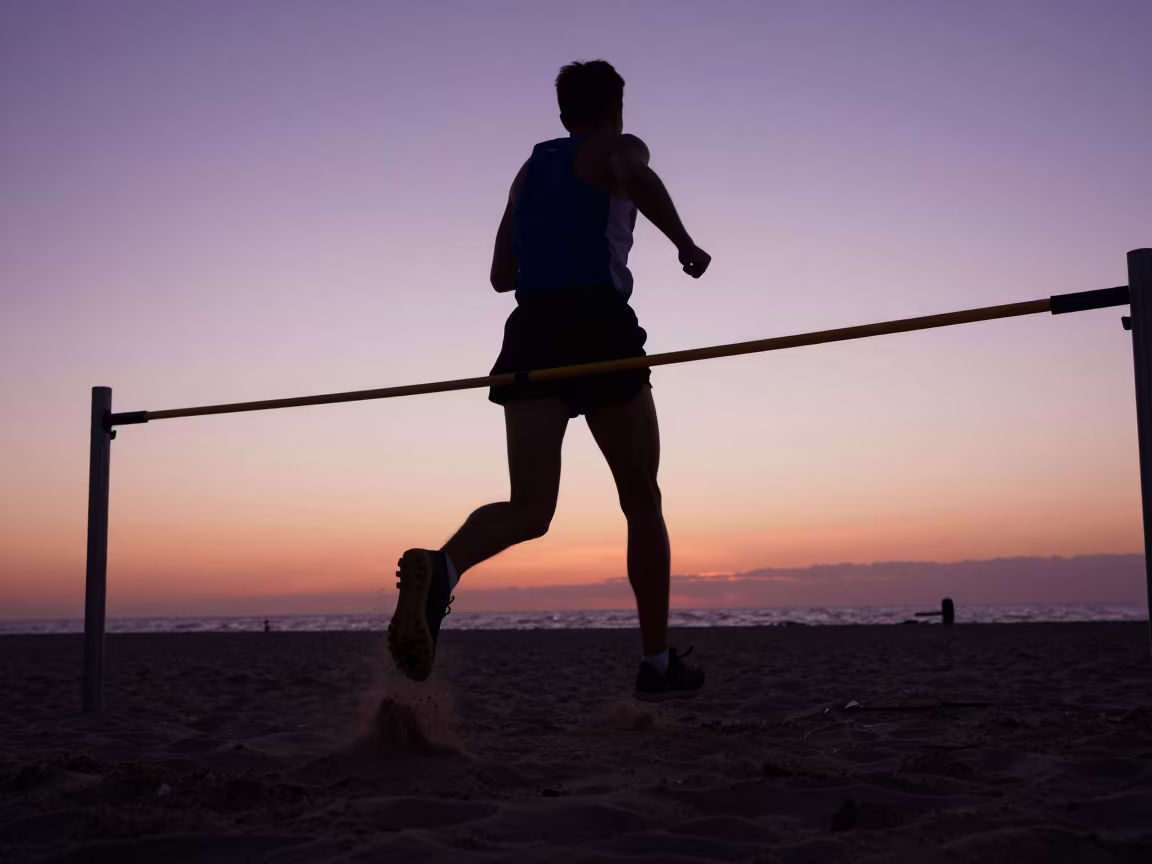 High Jumper Silhouette at Twilight on Beach in along a beach near Fresnillo